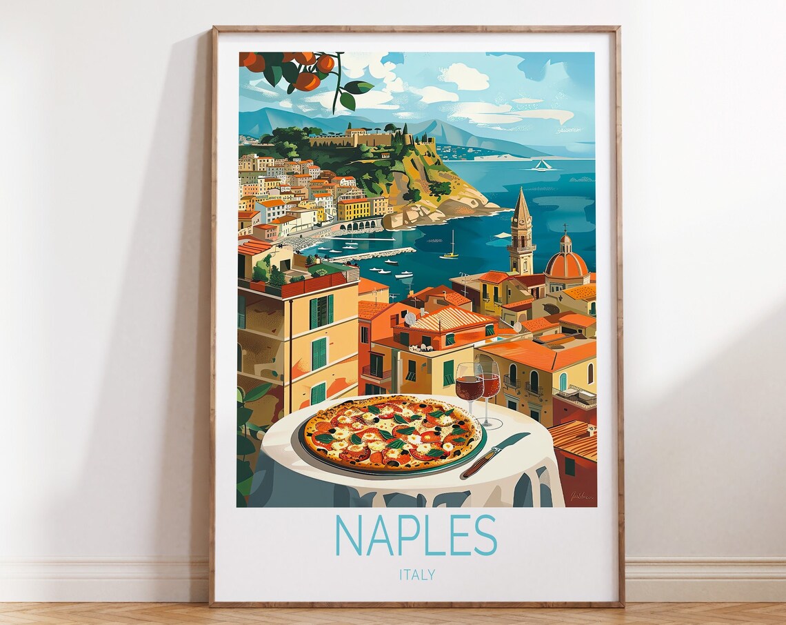 Naples Italy Travel Poster, Coastal Food Wall Art