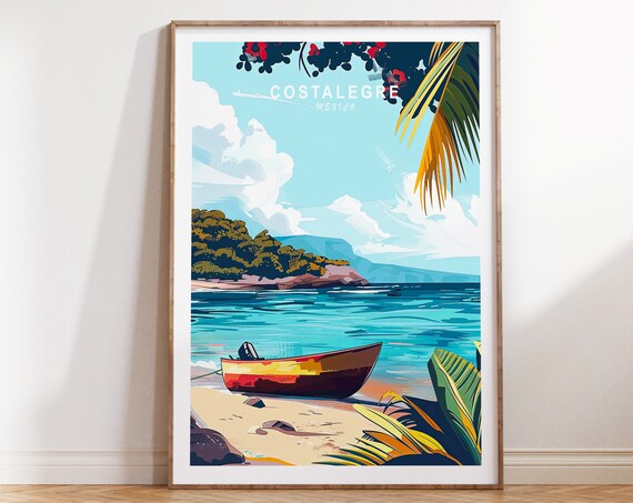 Costalegre Mexico Tropical Beach Fishing Boat Scene Travel Poster