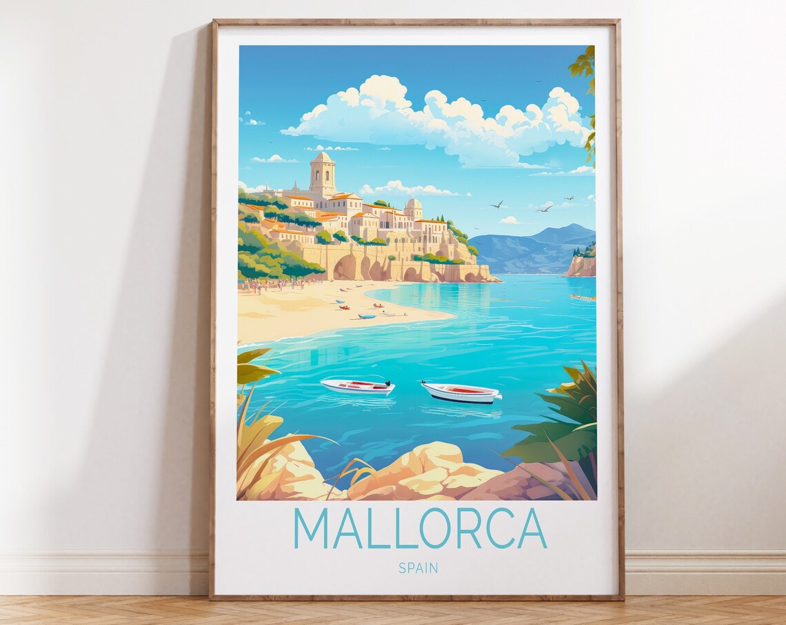Mallorca Spain Coastal Town Boats Turquoise Sea Travel Poster Art