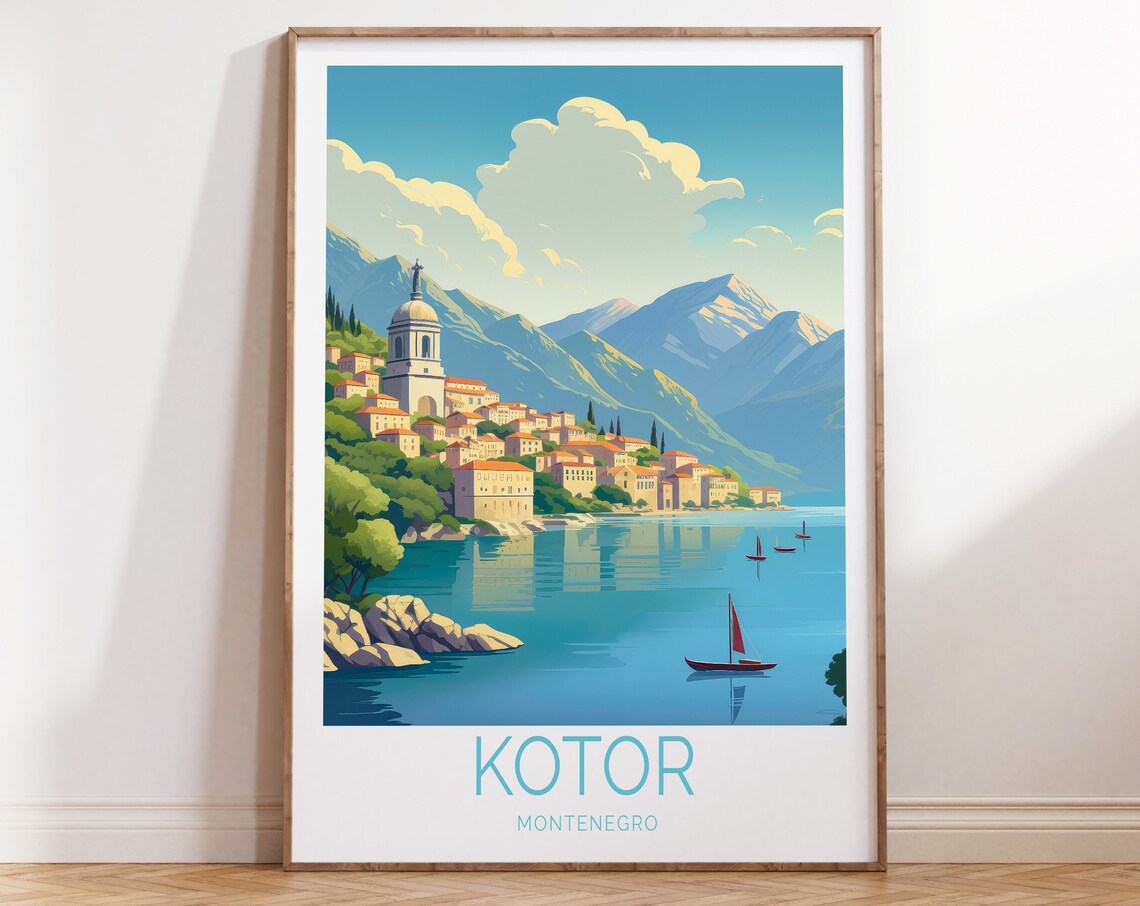 Kotor Montenegro Bay Old Town Mountains Vintage Travel Poster