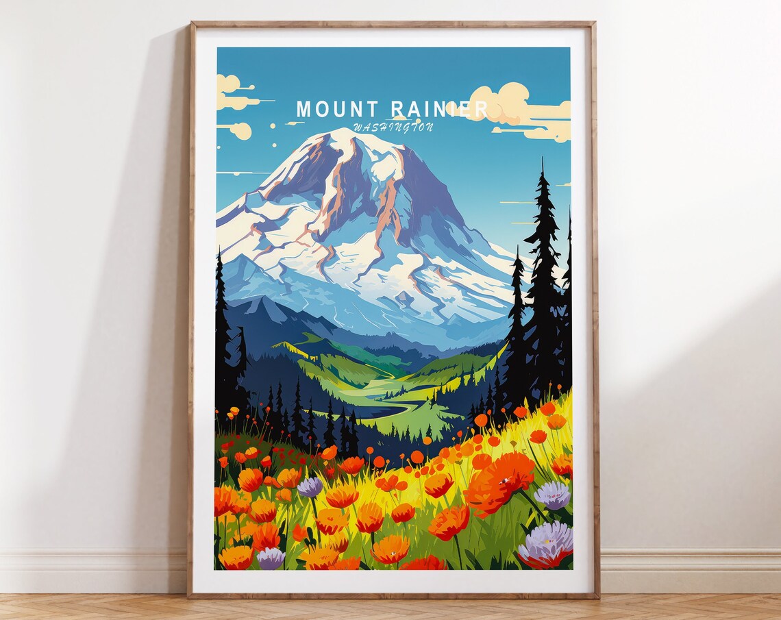 Mount Rainier Washington Snow Peak Wildflower Meadow Scenic Poster