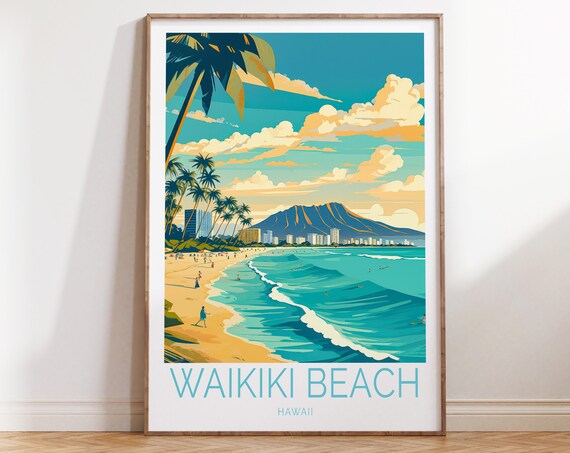 Waikiki Beach Coastal Travel Poster, Hawaii Trail Art