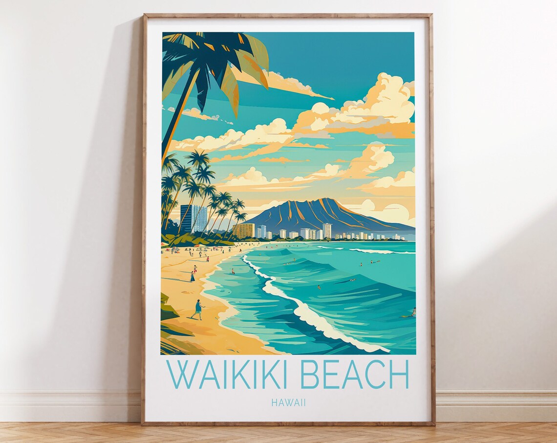 Waikiki Beach Coastal Travel Poster, Hawaii Trail Art