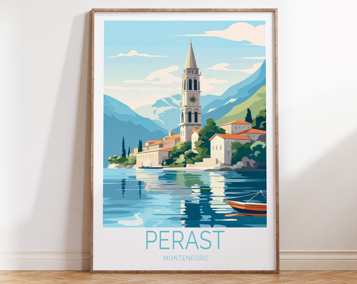 Serene Perast Montenegro Clock Tower Bay Mountain Travel Poster