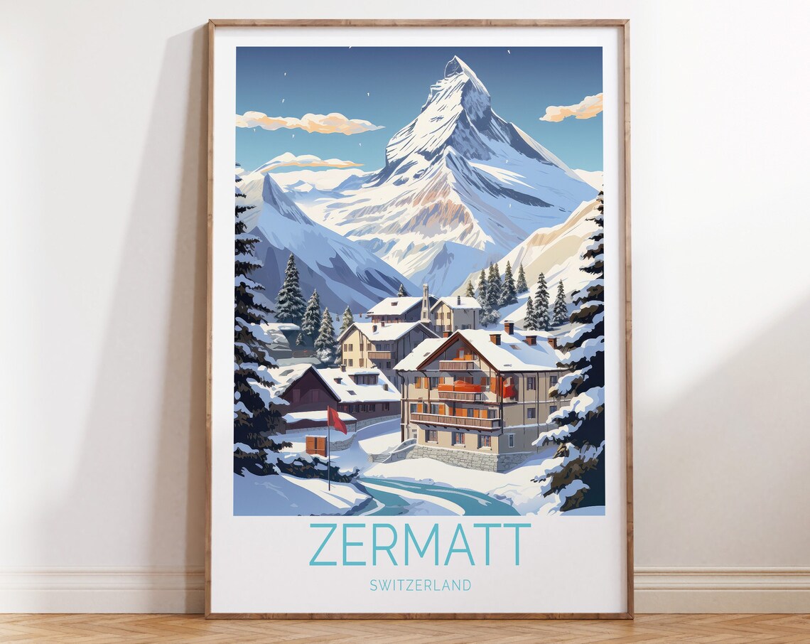 Zermatt Switzerland Travel Poster, Winter Travel Art