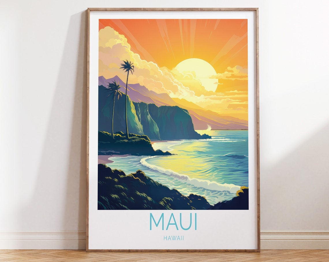 Maui Hawaii Sunset Cliffs Beach Paradise Vintage Travel Poster