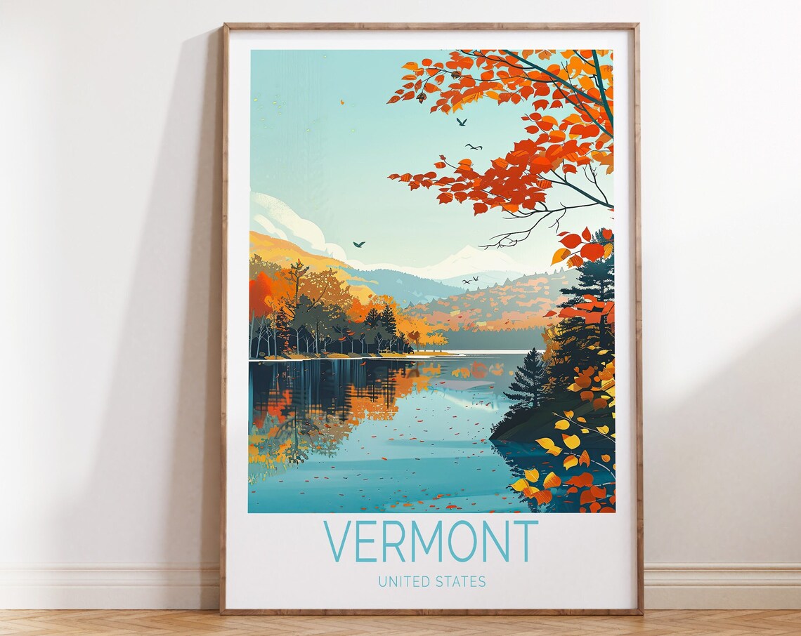 Vermont USA Autumn Foliage Lake Reflection Fall Travel Poster