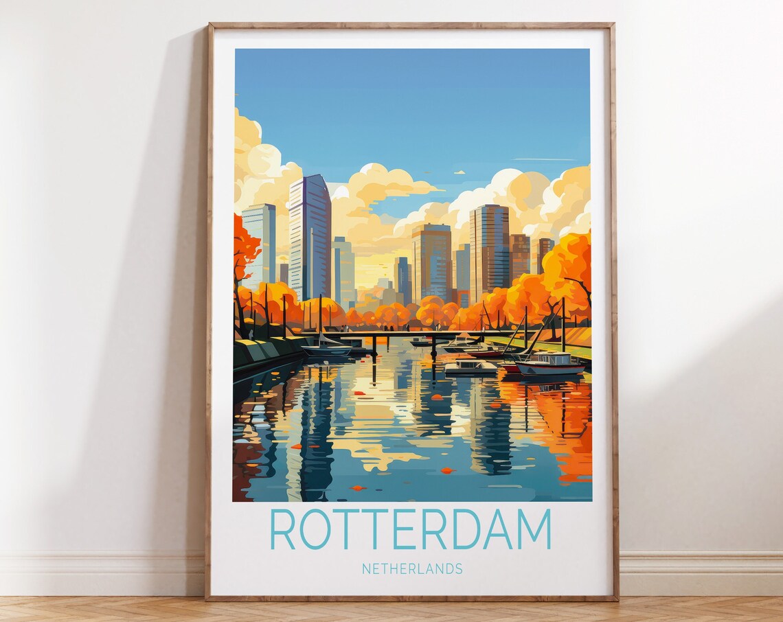Rotterdam Netherlands Harbor Houseboats Autumn Travel Poster