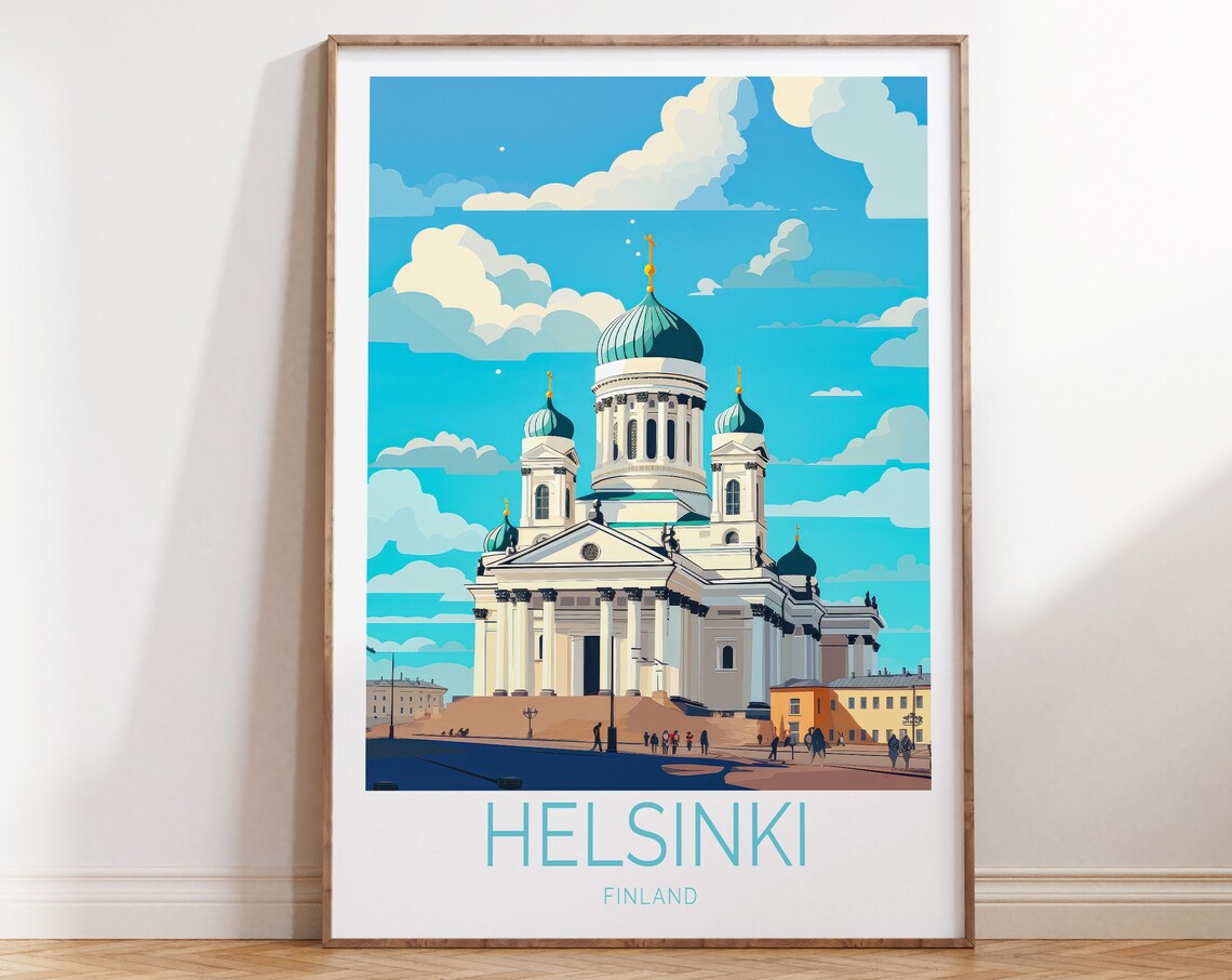 Helsinki Finland White Cathedral Over Senate Square Travel Poster
