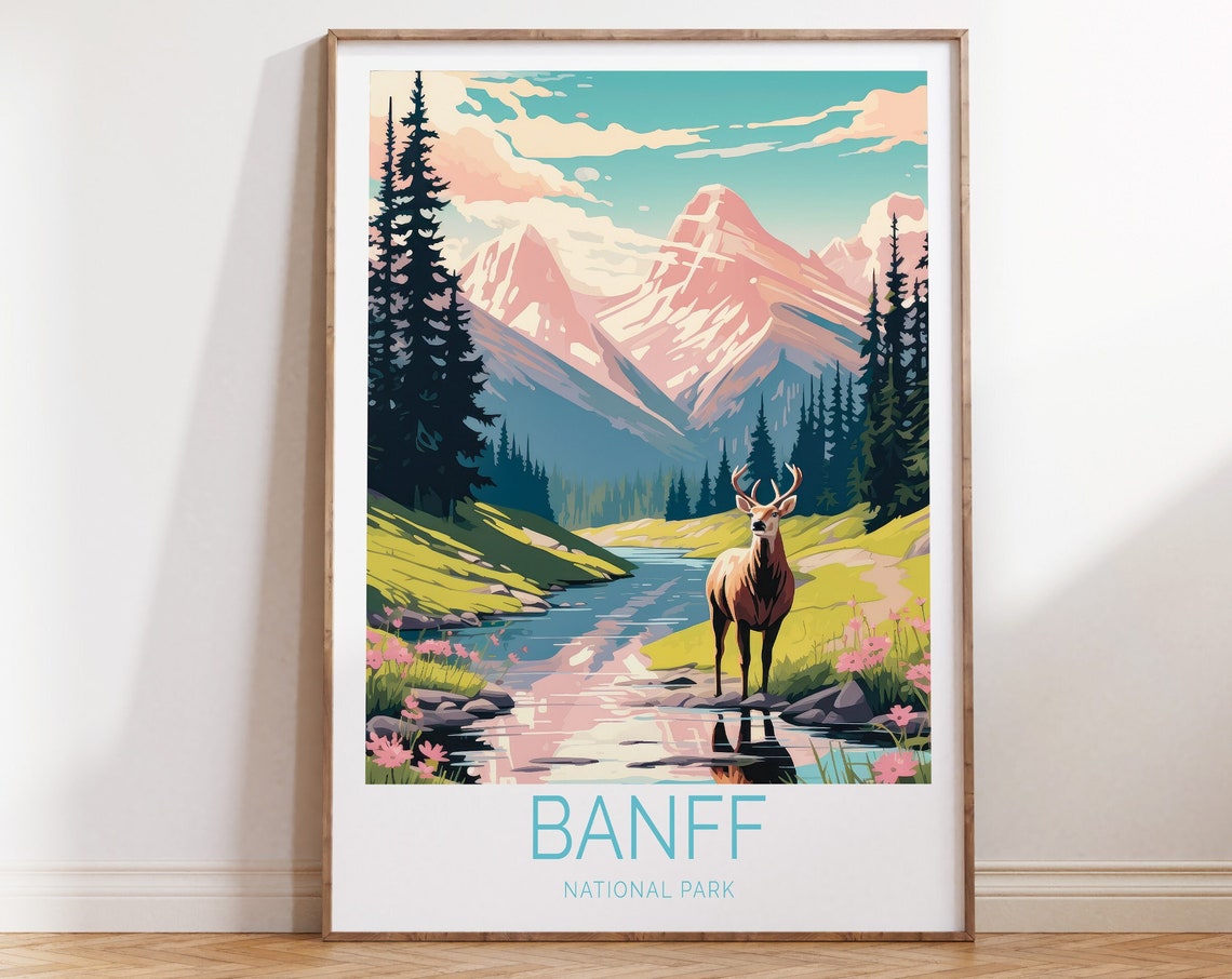 Banff National Park Deer By Mountain Stream Retro Travel Poster