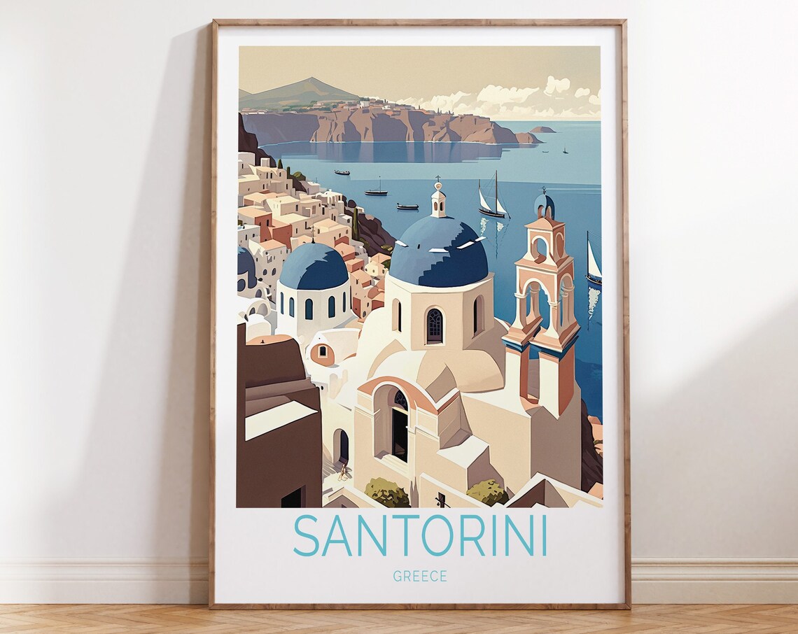 Santorini Greece Blue Domed Churches Caldera View Travel Poster