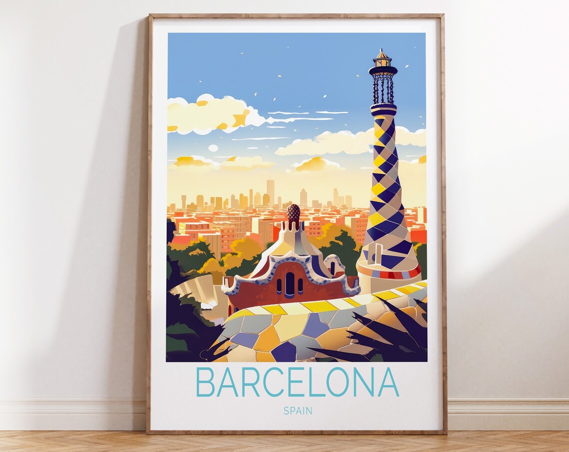 Barcelona Spain Park Guell Gaudi Mosaic Architecture Travel Poster