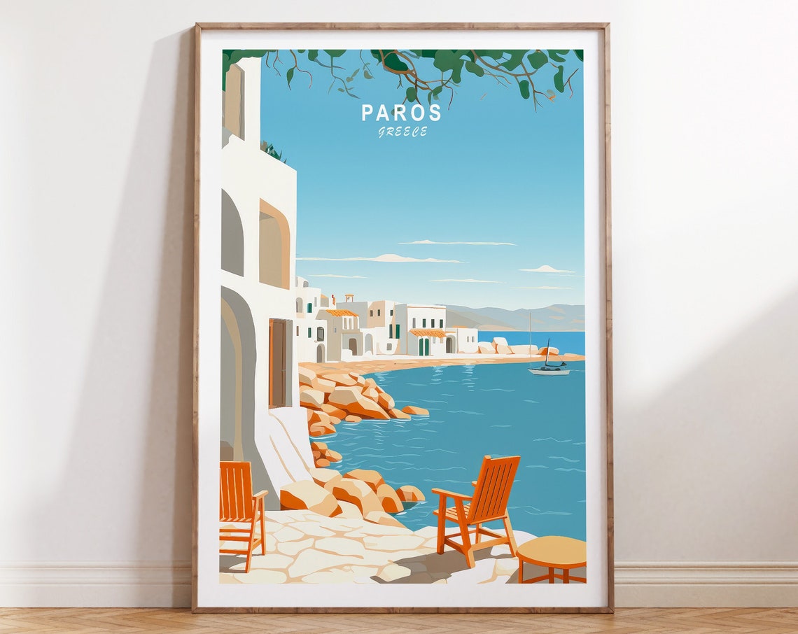 Paros Greece Whitewashed Coast Travel Poster Seaside Illustration