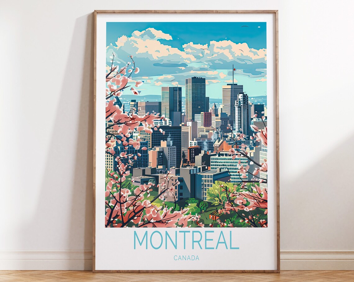 Montreal Canada Skyline Spring Cherry Blossom City Travel Poster