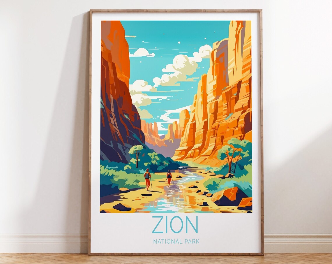Zion National Park Hikers Crossing Stream Red Rock Canyon Poster