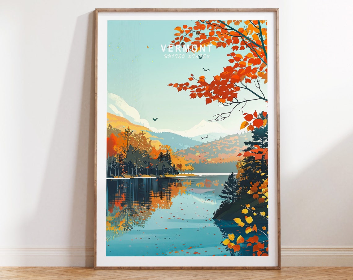 Vermont USA Autumn Foliage Lake Mountain Reflection Travel Poster