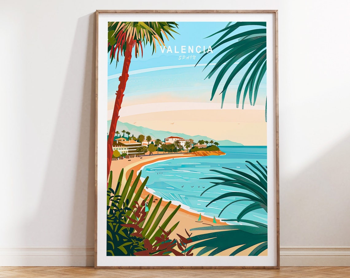 Valencia Spain Beach Coast Palm Fronds Title Above Travel Poster