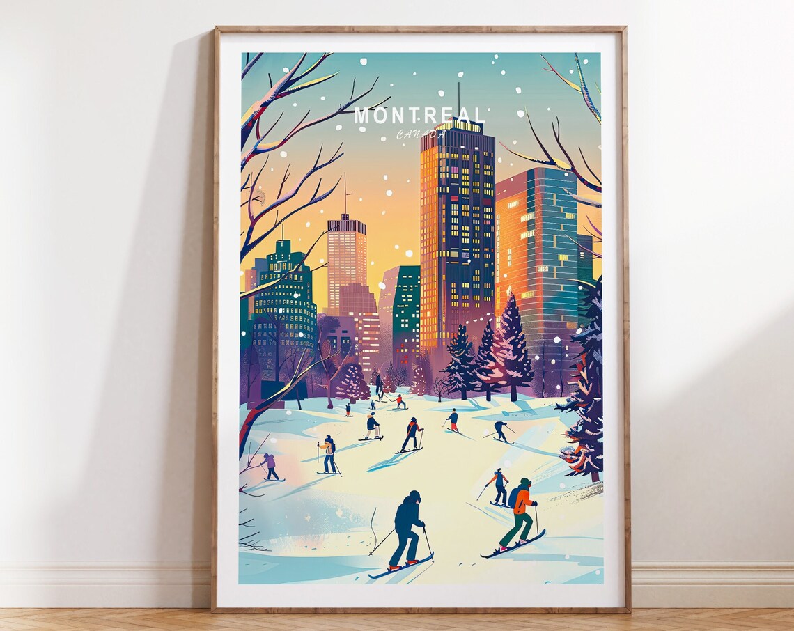 Montreal Canada Winter City Skyline Snow Skiers Sunset Travel Poster
