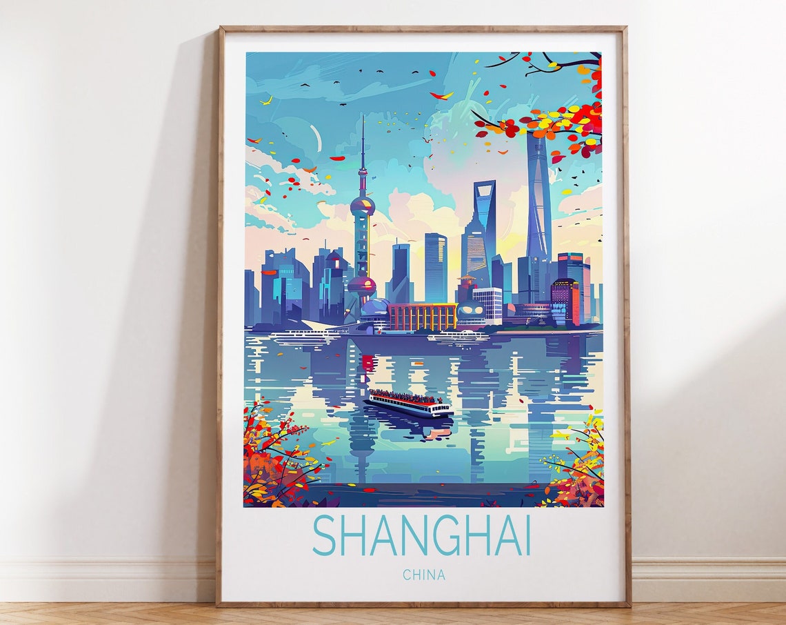 Shanghai China The Bund Skyline Autumn River View Travel Poster