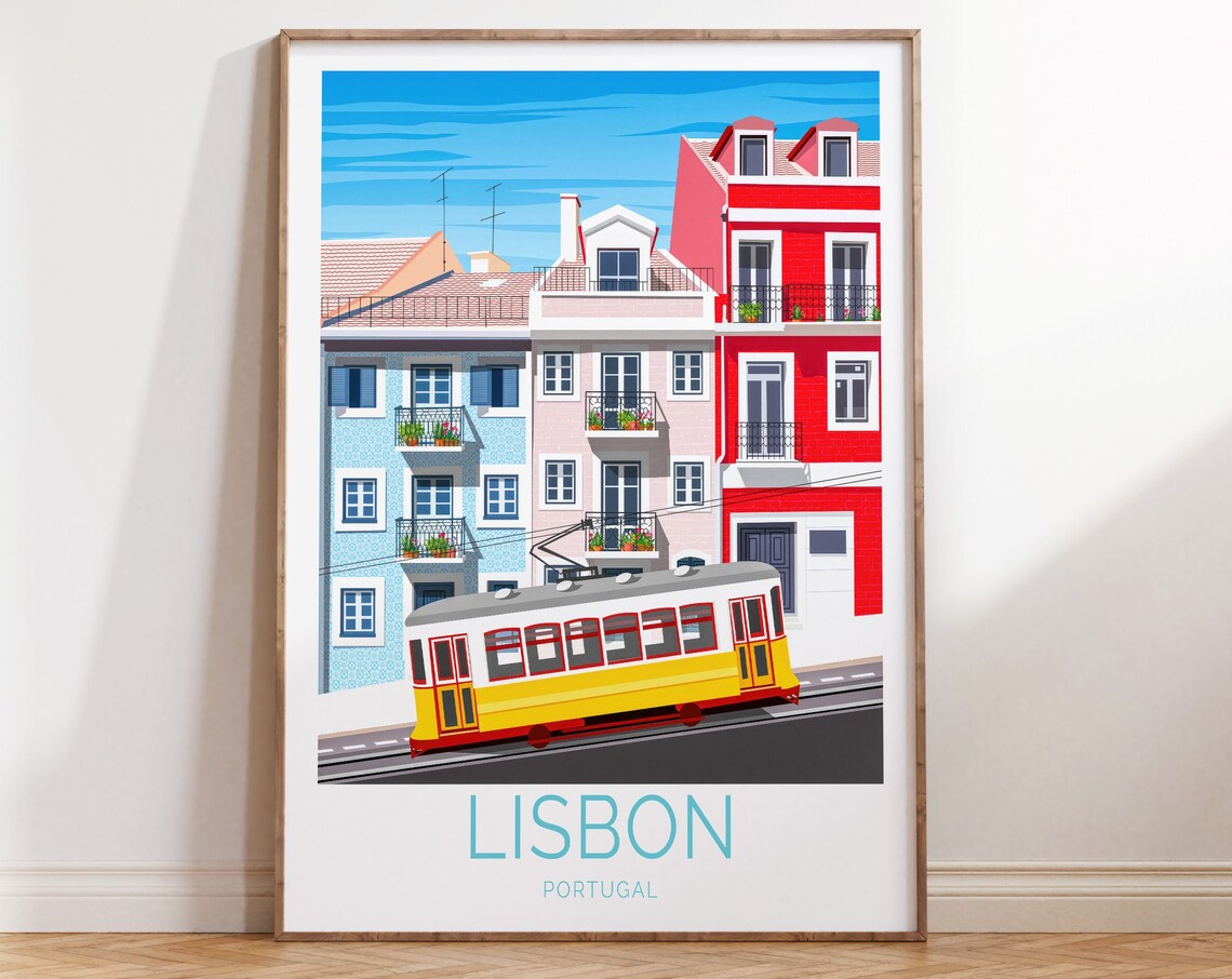 Lisbon Portugal Yellow Tram Colorful Old Town Hillside Poster