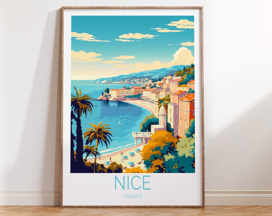 Sunny Nice France French Riviera Palm Beach Bay Travel Poster