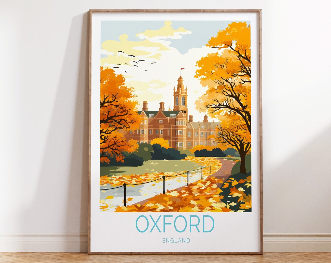Oxford England Autumn Historic College Autumn Leaves Travel Poster