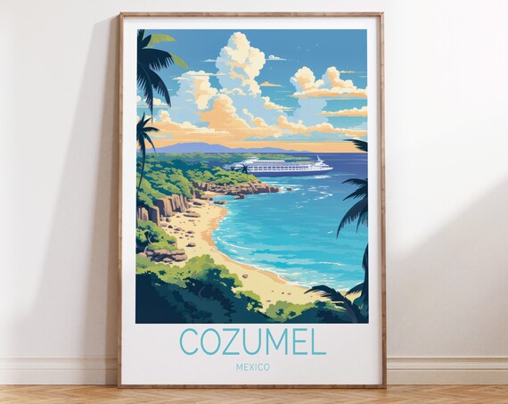Cozumel Mexico Cruise Ship Tropical Beach Retro Travel Poster Art