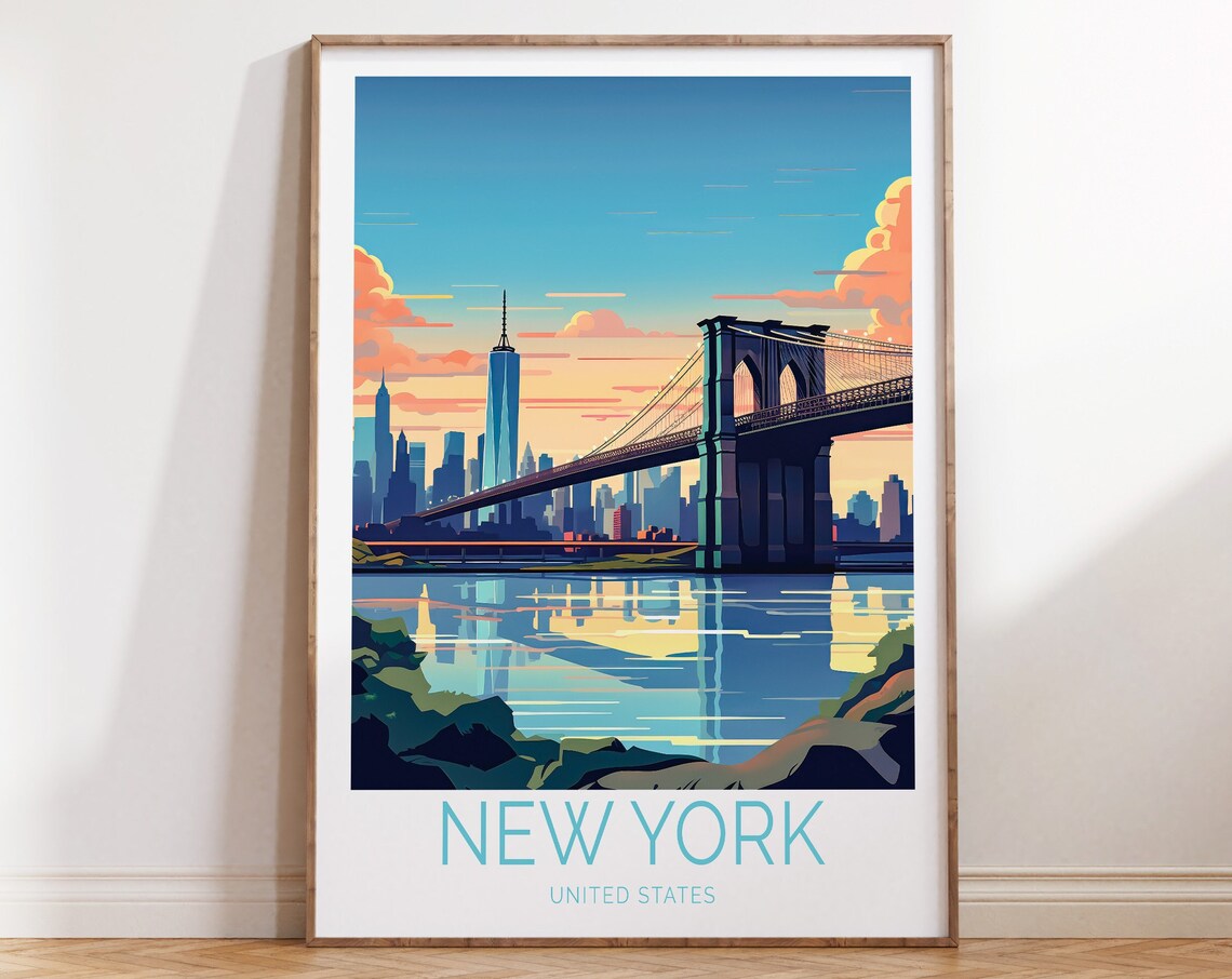 New York Brooklyn Bridge Manhattan Sunset Skyline Travel Poster