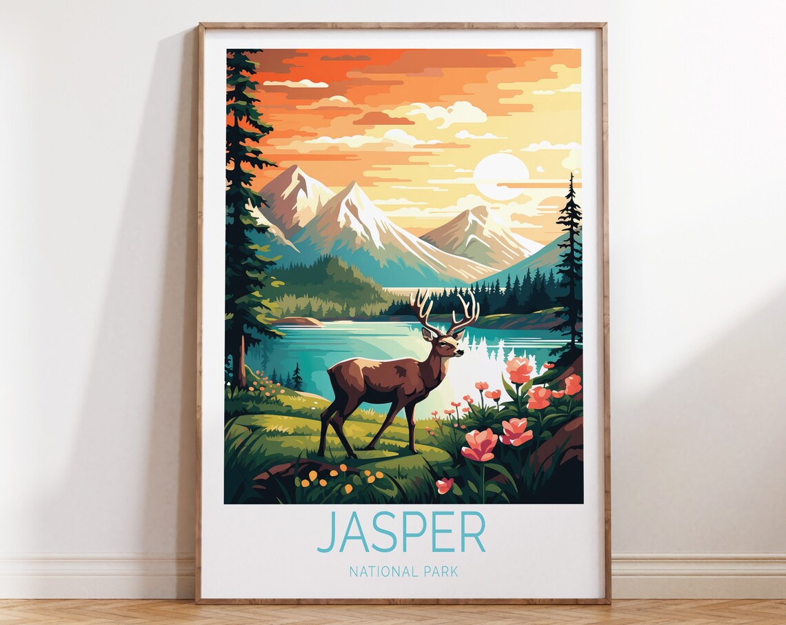 Jasper National Park Deer Among Wildflowers At Sunset Poster