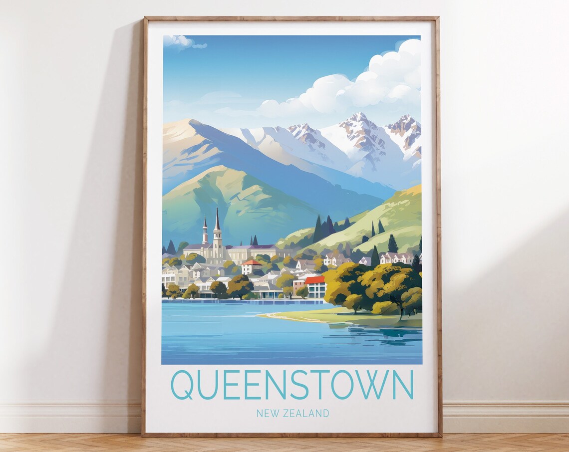 Queenstown New Zealand Lakeside Town Southern Alps Peaks Travel Poster