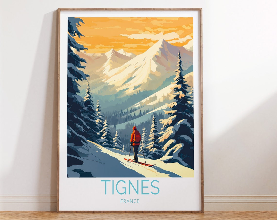Tignes France Golden Sunset Skier Snowy Mountain Ridge Travel Poster