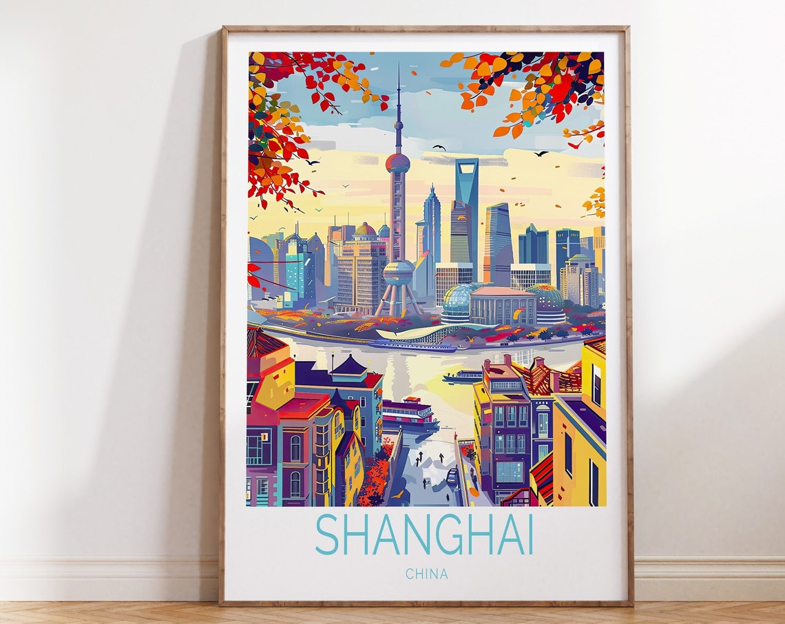 Shanghai China Pudong Skyline Autumn Retro Style Travel Poster