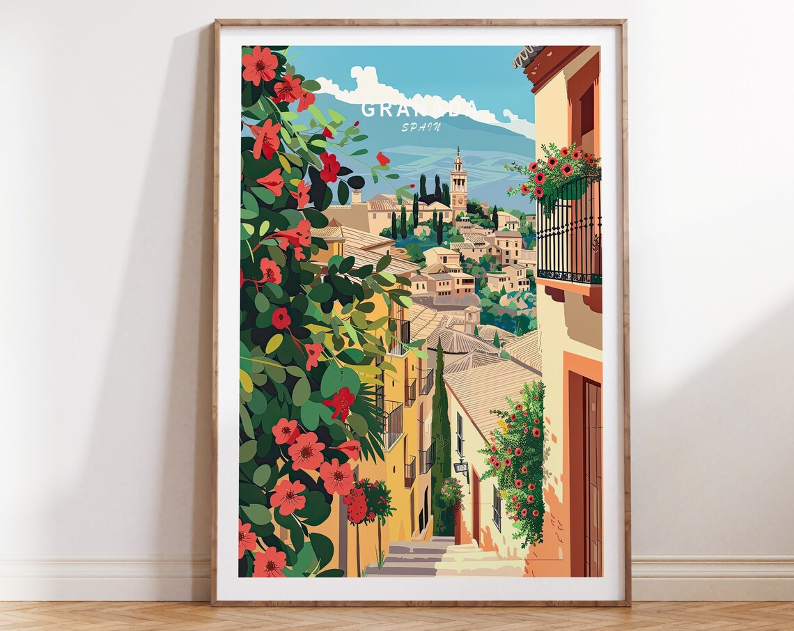 Granada Spain Albaicin Street Flowers Sierra Scenic Travel Poster