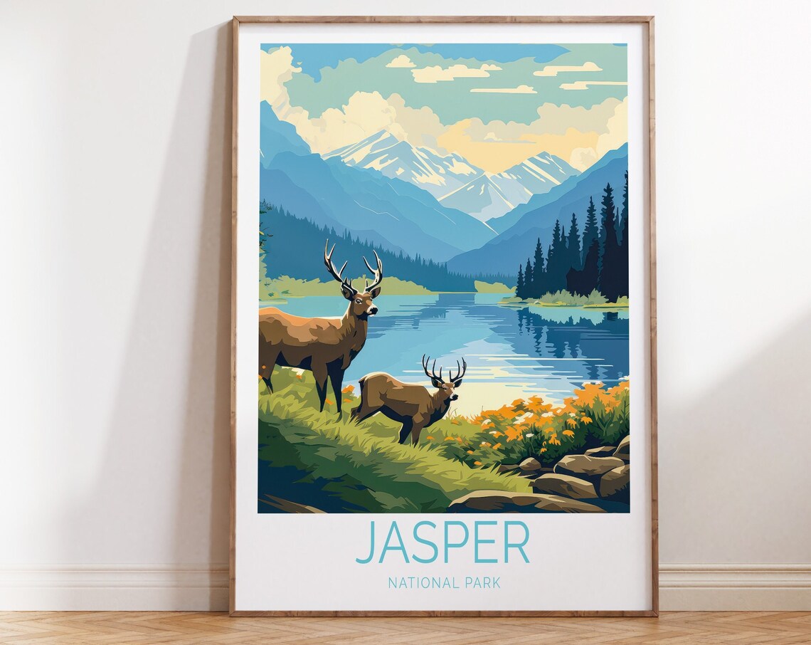 Jasper National Park Elk by the Alpine Lake Canada Travel Poster