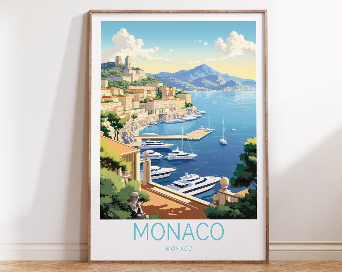 Monaco Harbor Yacht Sunset Retro French Illustrated Travel Poster