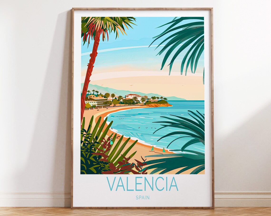 Valencia Spain Beach Coast Palm Fronds Title Below Travel Poster
