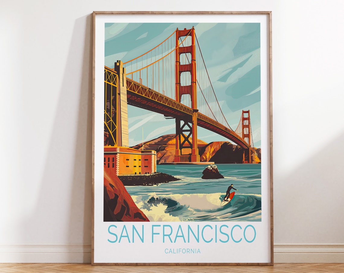 San Francisco Golden Gate Bridge Surfer California Travel Poster