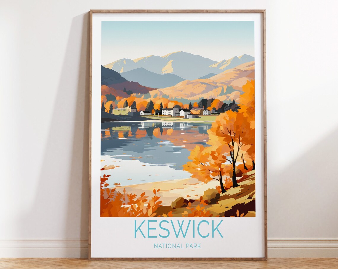 Keswick National Park Autumn Lake Village England Travel Poster