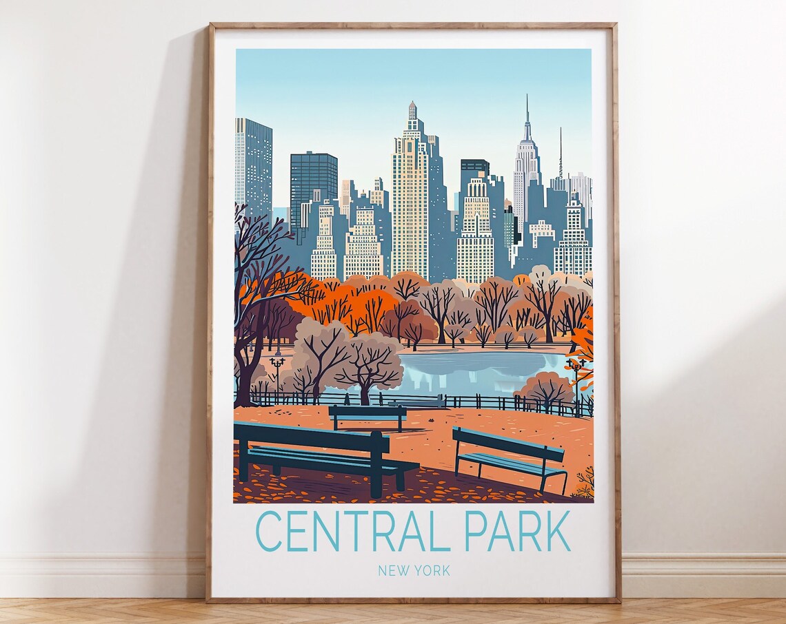 Central Park New York Autumn Skyline Lake View Travel Poster