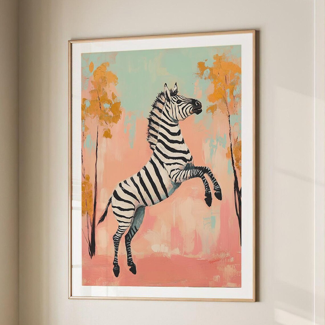 Playful Zebra Rearing Pastel Peach Trees Abstract Safari Poster