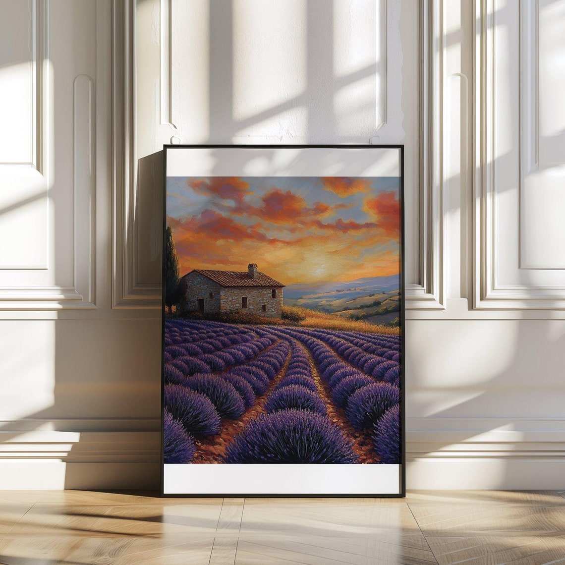 Lavender Field Sunset Glow Farmhouse Countryside Scenic Poster