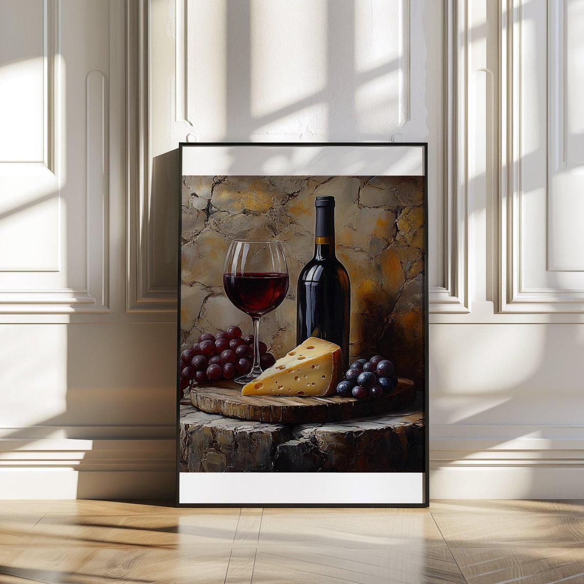 Red Wine Bottle and Glass Cheese Grapes Still Life Painting Poster