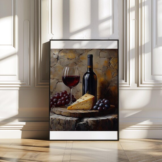 Red Wine Bottle and Glass Cheese Grapes Still Life Painting Poster