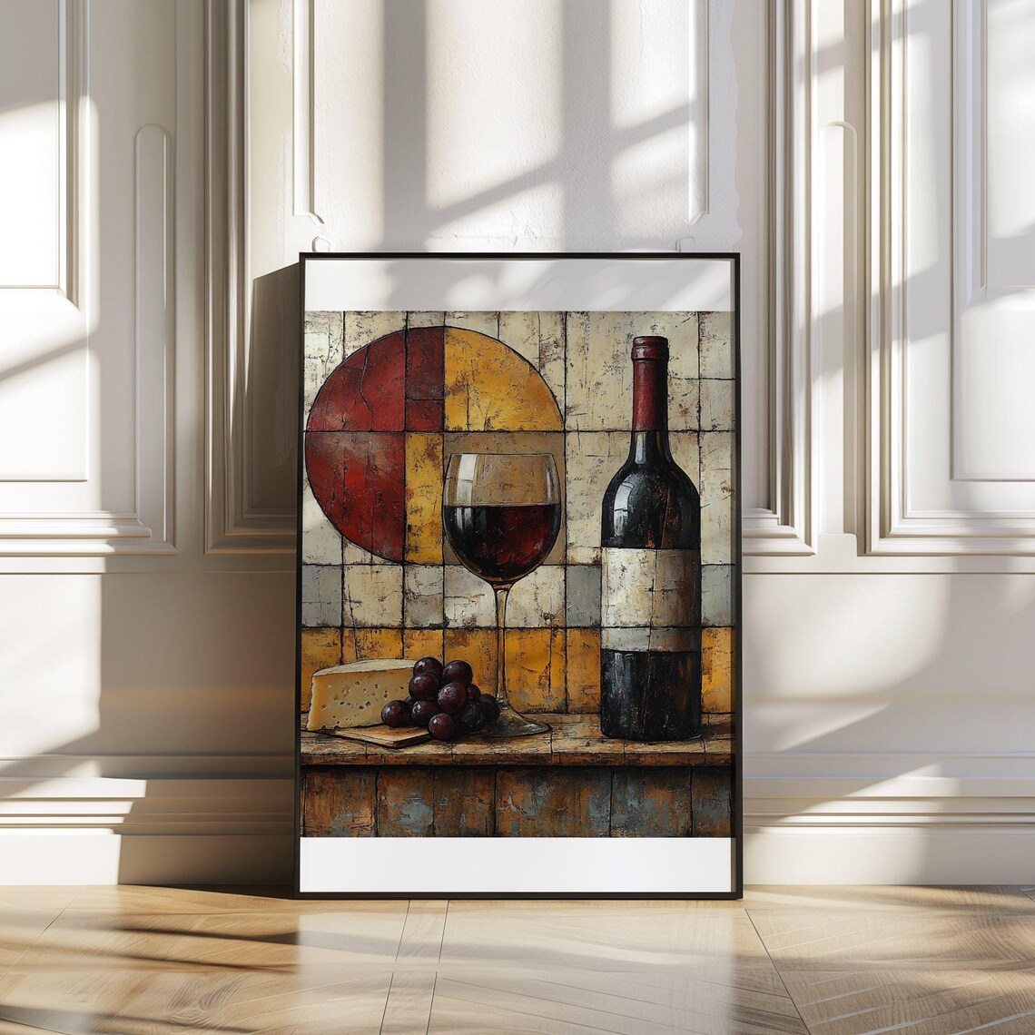 Wine Bottle and Glass Geometric Abstract Mosaic Tile Art Poster