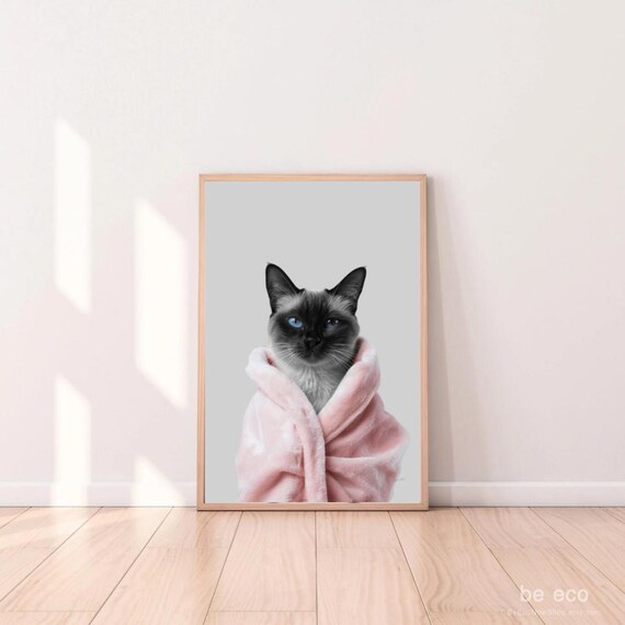 Siamese Cat Wrapped in a Pink Bathrobe Blue Eyes Cute Bathroom Animal Print