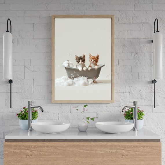 Two Kittens In Bubble Bathtub Cute Bathroom Cat Lover Gift Wall Print