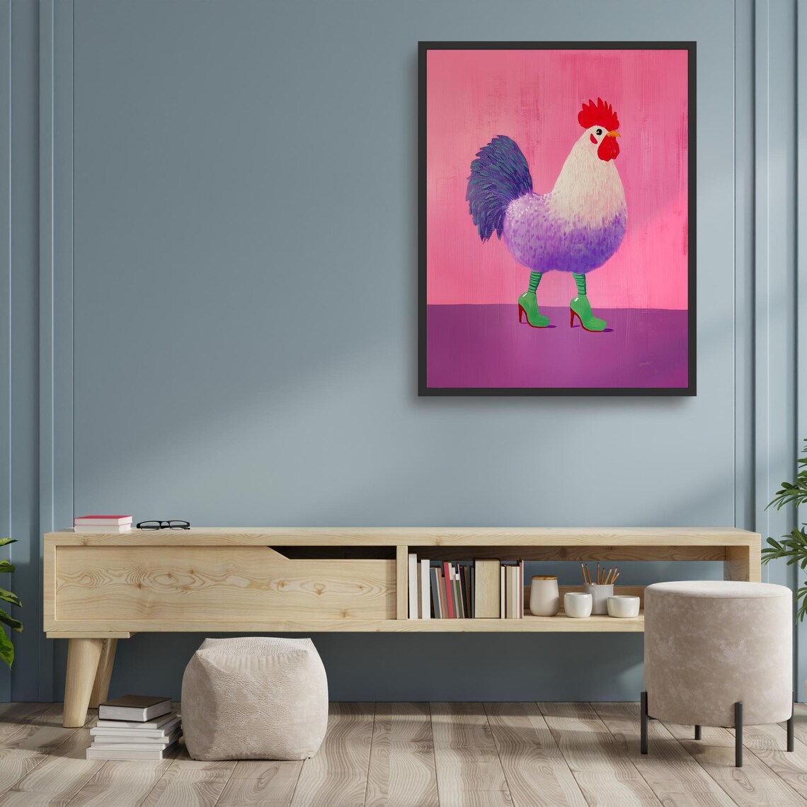 Funky White Purple Chicken In Green High Heels Pink Pop Art Poster
