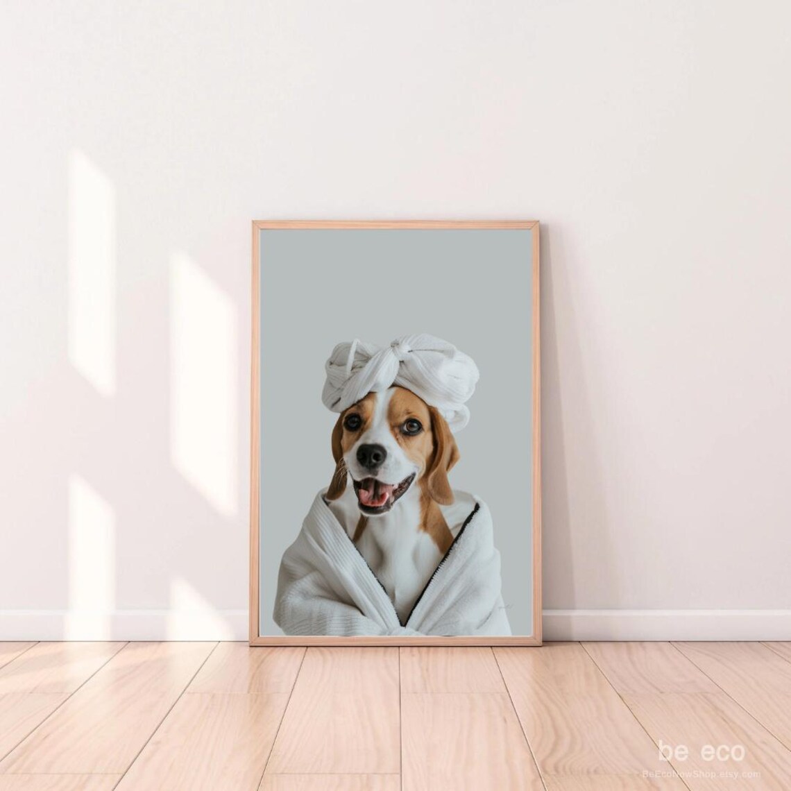 Beagle Puppy in Bathrobe Funny Bathroom Wall Decor Animal Poster