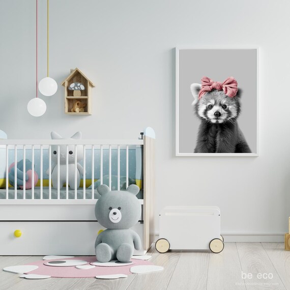 Red Panda Cub Pink Bow Black White Nursery Baby Animal Poster