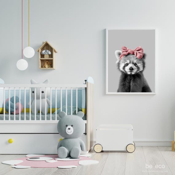 Red Panda Nursery Print Baby Girl Decor With Pink Bow